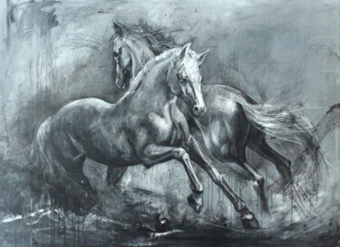 Schilderij getiteld "Horses" door Giorgi Kobiashvili (KOBI), Origineel Kunstwerk, Olie