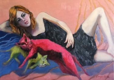 Painting titled "amati gatti" by Giorgio Conte, Original Artwork, Oil Mounted on Wood Stretcher frame