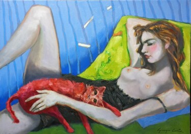 Painting titled "Coccole" by Giorgio Conte, Original Artwork, Oil Mounted on Wood Stretcher frame