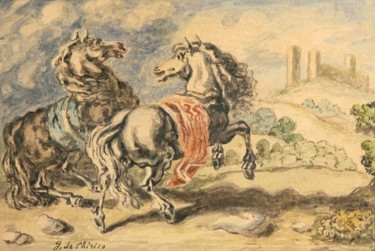 Painting titled "Cavalli Nel Paessag…" by Giorgio De Chirico, Original Artwork, Watercolor