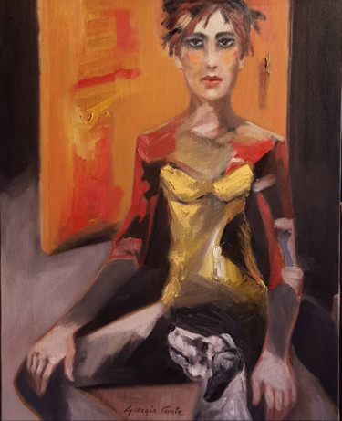 Painting titled ""Orange" girl with…" by Giorgio Conte, Original Artwork, Oil Mounted on Wood Stretcher frame