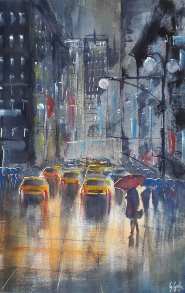 Schilderij getiteld "yellow cabs in a ra…" door Giorgio Gosti, Origineel Kunstwerk, Aquarel