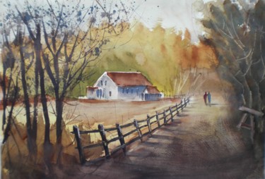 Painting titled "walking in the coun…" by Giorgio Gosti, Original Artwork, Watercolor