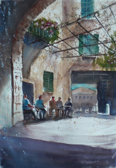 Painting titled "Talking in the vill…" by Giorgio Gosti, Original Artwork, Watercolor