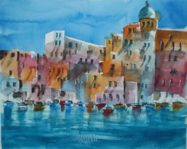 Painting titled "fishing village" by Giorgio Gosti, Original Artwork, Watercolor