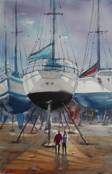 Картина под названием "shipyard 2" - Giorgio Gosti, Подлинное произведение искусства, Акварель