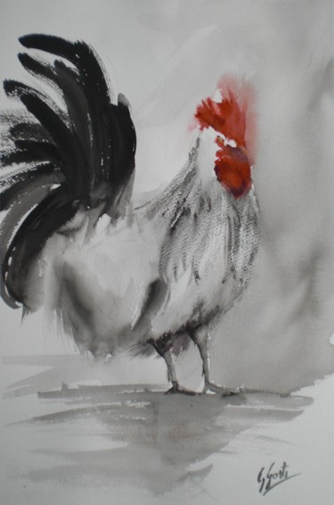 Картина под названием "rooster 6" - Giorgio Gosti, Подлинное произведение искусства, Акварель