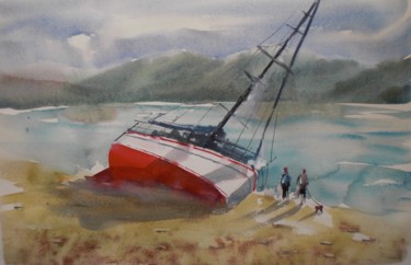 Картина под названием "boat stranded" - Giorgio Gosti, Подлинное произведение искусства, Акварель