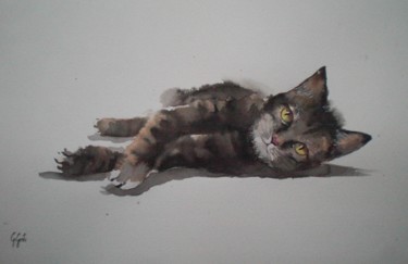 Painting titled "lying cat 2" by Giorgio Gosti, Original Artwork, Ink