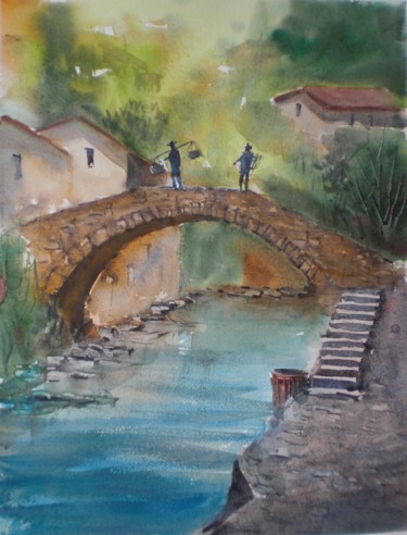 Malerei mit dem Titel "the bridge" von Giorgio Gosti, Original-Kunstwerk, Aquarell