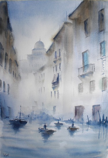 Painting titled "boats in the mist" by Giorgio Gosti, Original Artwork, Watercolor