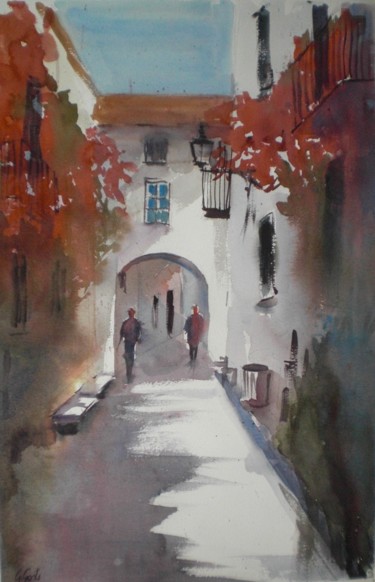 Painting titled "walking in the vill…" by Giorgio Gosti, Original Artwork, Watercolor