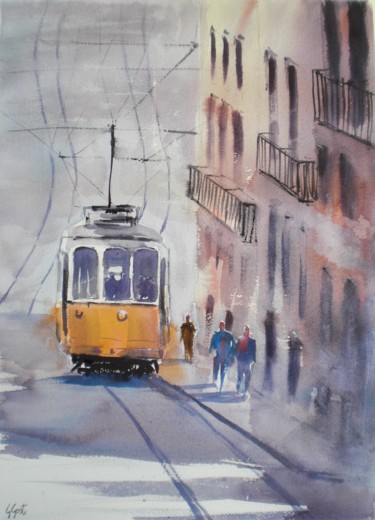 Painting titled "tram in Lisbon" by Giorgio Gosti, Original Artwork, Watercolor