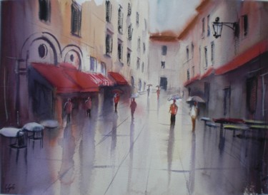 Pintura intitulada "walking in a rainy…" por Giorgio Gosti, Obras de arte originais, Aquarela