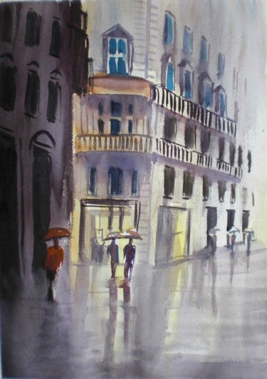 Painting titled "walking in a rainy…" by Giorgio Gosti, Original Artwork, Watercolor