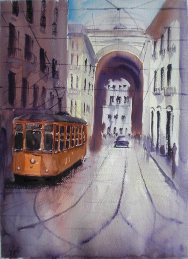Painting titled "tram in Milan" by Giorgio Gosti, Original Artwork, Watercolor