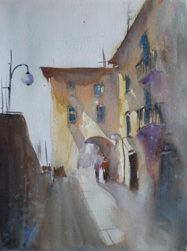 Painting titled "walking in a villag…" by Giorgio Gosti, Original Artwork, Watercolor