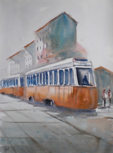 Pittura intitolato "tram in Milan 2" da Giorgio Gosti, Opera d'arte originale, Acquarello