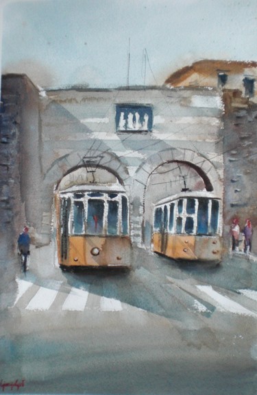 Pittura intitolato "tram in Milan 4" da Giorgio Gosti, Opera d'arte originale, Acquarello