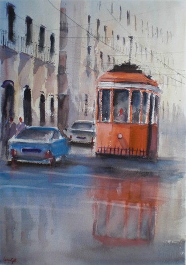 Pittura intitolato "tram in Milan 7" da Giorgio Gosti, Opera d'arte originale, Acquarello