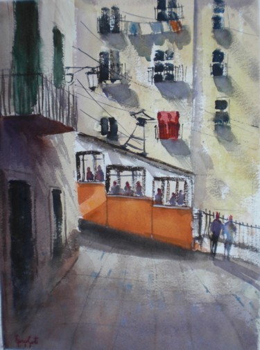 Schilderij getiteld "tram in Lisbon 2" door Giorgio Gosti, Origineel Kunstwerk, Aquarel