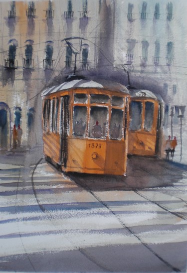 Pittura intitolato "tram in Milan 8" da Giorgio Gosti, Opera d'arte originale, Acquarello