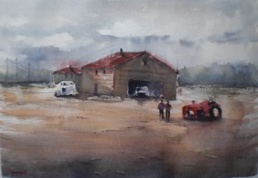 Pintura intitulada "old tractor and cars" por Giorgio Gosti, Obras de arte originais, Aquarela