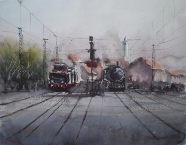 Malerei mit dem Titel "Trains" von Giorgio Gosti, Original-Kunstwerk, Aquarell