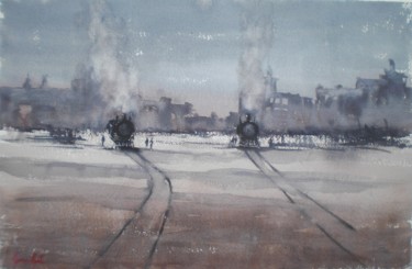 Painting titled "trains 2" by Giorgio Gosti, Original Artwork, Watercolor