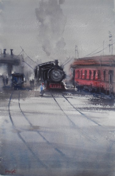 Картина под названием "trains 3" - Giorgio Gosti, Подлинное произведение искусства, Акварель