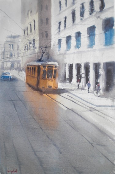 Malerei mit dem Titel "tram in Milan 9" von Giorgio Gosti, Original-Kunstwerk, Aquarell