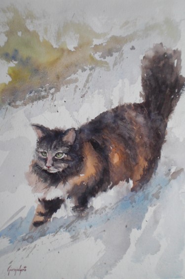 Painting titled "cat in the snow" by Giorgio Gosti, Original Artwork, Watercolor