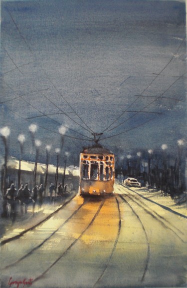 Painting titled "tram in Milan 10" by Giorgio Gosti, Original Artwork, Watercolor