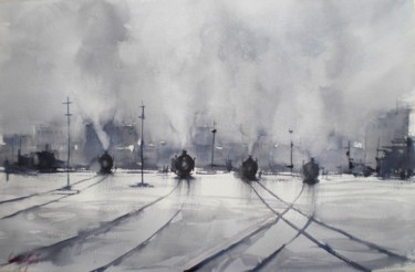 Pintura intitulada "Trains 6" por Giorgio Gosti, Obras de arte originais, Aquarela