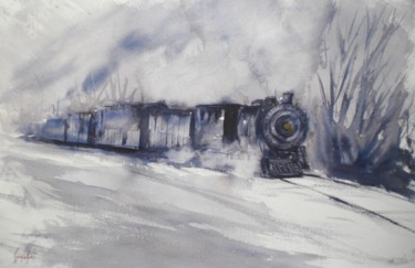 Painting titled "Train in the snow" by Giorgio Gosti, Original Artwork, Watercolor