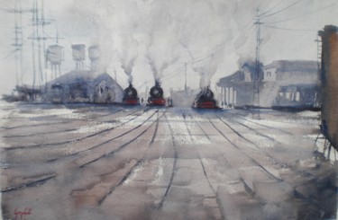 Peinture intitulée "Trains 7" par Giorgio Gosti, Œuvre d'art originale, Aquarelle