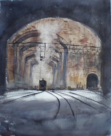 Картина под названием "trains 9" - Giorgio Gosti, Подлинное произведение искусства, Акварель