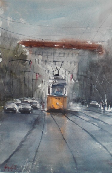 "tram in Milan 11" başlıklı Tablo Giorgio Gosti tarafından, Orijinal sanat, Suluboya