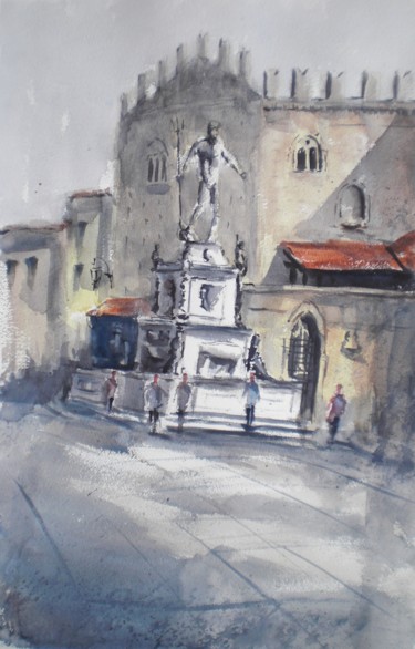 Painting titled "Nettuno square - Bo…" by Giorgio Gosti, Original Artwork, Watercolor