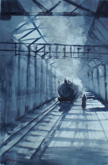 Painting titled "trains 10" by Giorgio Gosti, Original Artwork, Watercolor