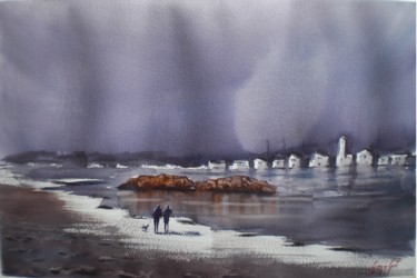 Painting titled "walking on the beac…" by Giorgio Gosti, Original Artwork, Watercolor