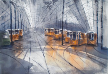 Pittura intitolato "tram in Milan 12" da Giorgio Gosti, Opera d'arte originale, Acquarello