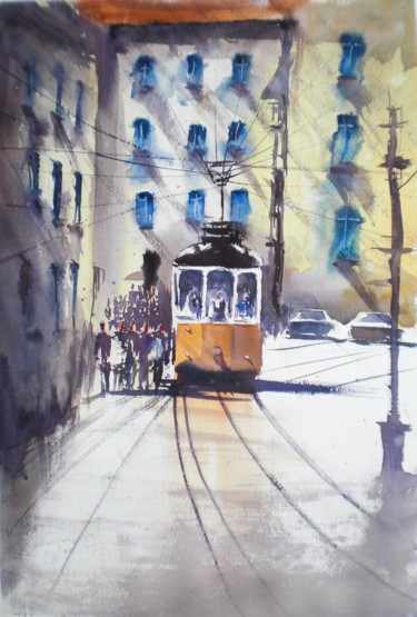 Pintura intitulada "tram in Milan 13" por Giorgio Gosti, Obras de arte originais, Aquarela