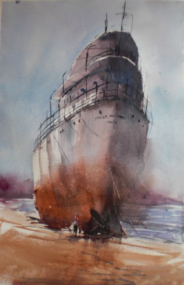 Painting titled "boat stranded 3" by Giorgio Gosti, Original Artwork, Watercolor
