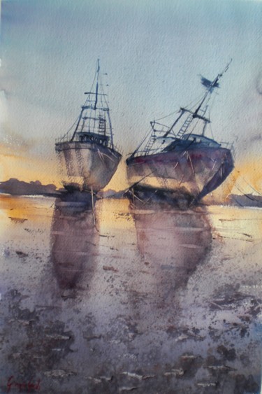 Картина под названием "boat stranded 4" - Giorgio Gosti, Подлинное произведение искусства, Акварель