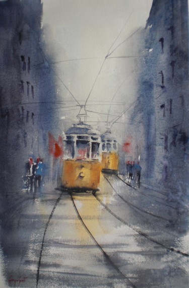 Painting titled "tram in Milan 14" by Giorgio Gosti, Original Artwork, Watercolor