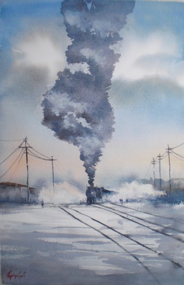 Malarstwo zatytułowany „trains 16” autorstwa Giorgio Gosti, Oryginalna praca, Akwarela