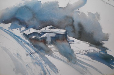 Pintura intitulada "chalet in the snow" por Giorgio Gosti, Obras de arte originais, Aquarela