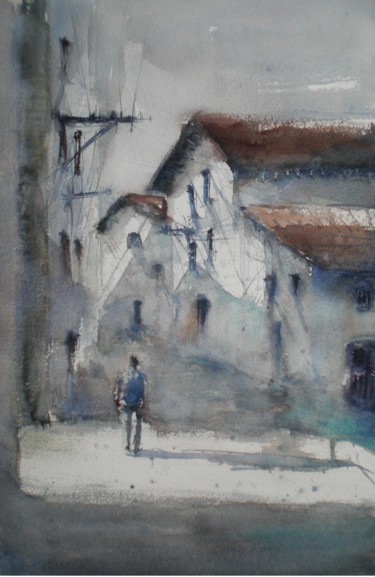 Painting titled "walking in the vill…" by Giorgio Gosti, Original Artwork, Watercolor