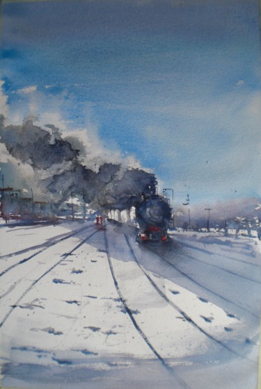 Painting titled "trains 17" by Giorgio Gosti, Original Artwork, Watercolor